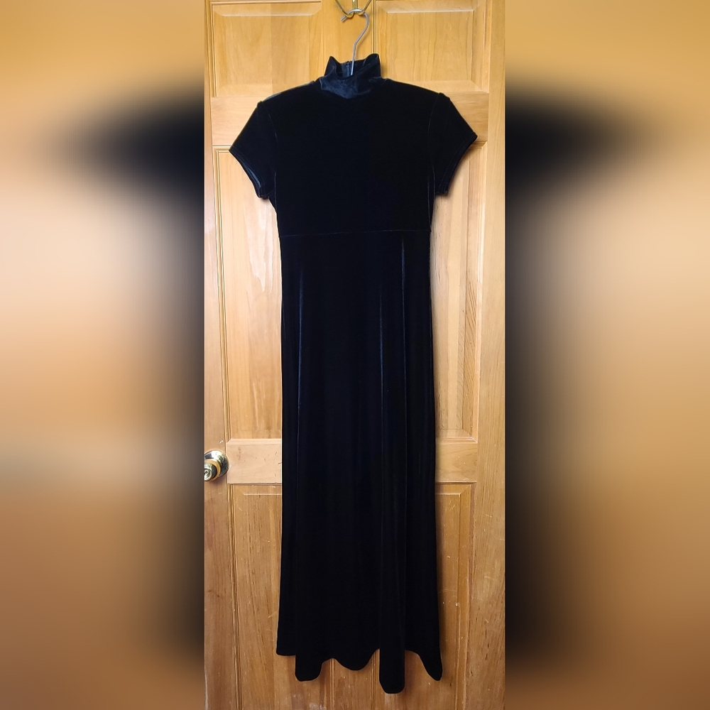 Vintage 90s Algo Black Velvet High Neck Short Sleeve Dress Size 6 Maxi Y2K Prom